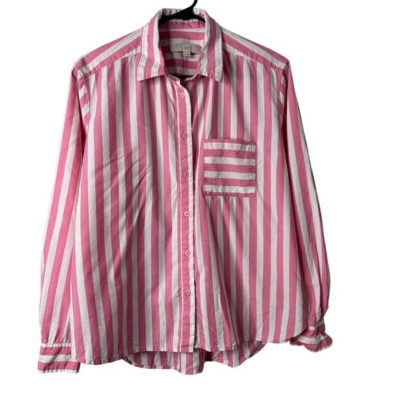 LOFT Striped Button Up Shirt Women’s Medium Pink Relaxed Fit Pockets - Picture 1 of 10
